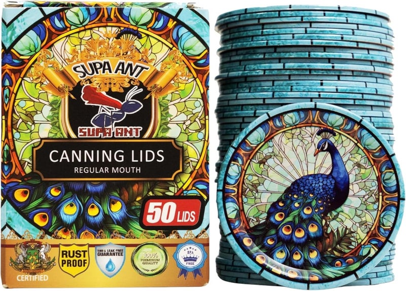 Supa Ant Thickest Canning Lids Regular Mouth (50 Pcs.) Food Grade Tin-Can Lids for Canned Food-Buckle Proof & Rust Proof Lid for Canning Kit for Regular Mouth Mason Jars(Painted Glass)Canning Supplies - Image 1